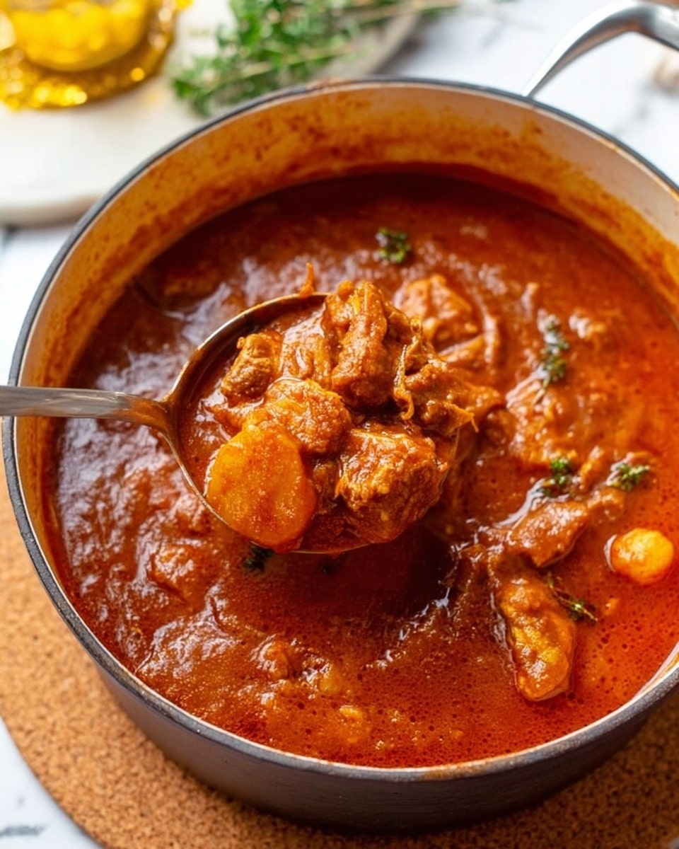 A close-up view of a large pot filled with a thick red-orange stew, showing chunks of tender meat and small round slices of vegetables, all coated in a rich, smooth sauce. The stew has a glossy texture that reflects light, and a metal ladle is lifting a spoonful from the pot, revealing the stew’s hearty, chunky layers. The pot is placed on a cork mat, and the background shows a white marbled texture with a blurred hint of a yellow garnish and some green herbs. Photo taken with an iphone --ar 4:5 --v 7
