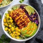 Fish Taco Bowls with Mango Salsa, Cilantro Dressing, and Chipotle Aioli Recipe