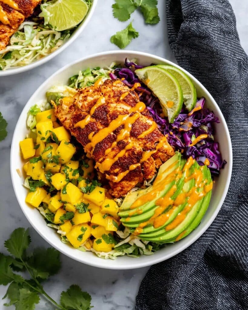 Fish Taco Bowls with Mango Salsa, Cilantro Dressing, and Chipotle Aioli Recipe