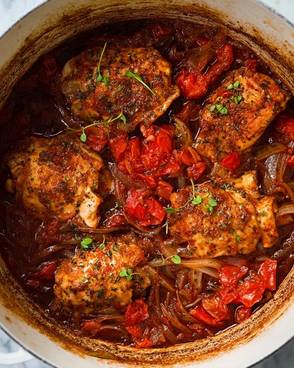 This image shows a white pot filled with four pieces of cooked chicken beneath a layer of soft, translucent cooked onion slices and scattered bright red tomato chunks. The chicken pieces have a browned texture with visible herbs and spices. The tomato sauce around them is thick and deep red-brown in color, with some green herb leaves sprinkled on top for garnish. The pot edges are slightly stained with cooking marks. The background surface is a white marbled texture photo taken with an iphone --ar 4:5 --v 7