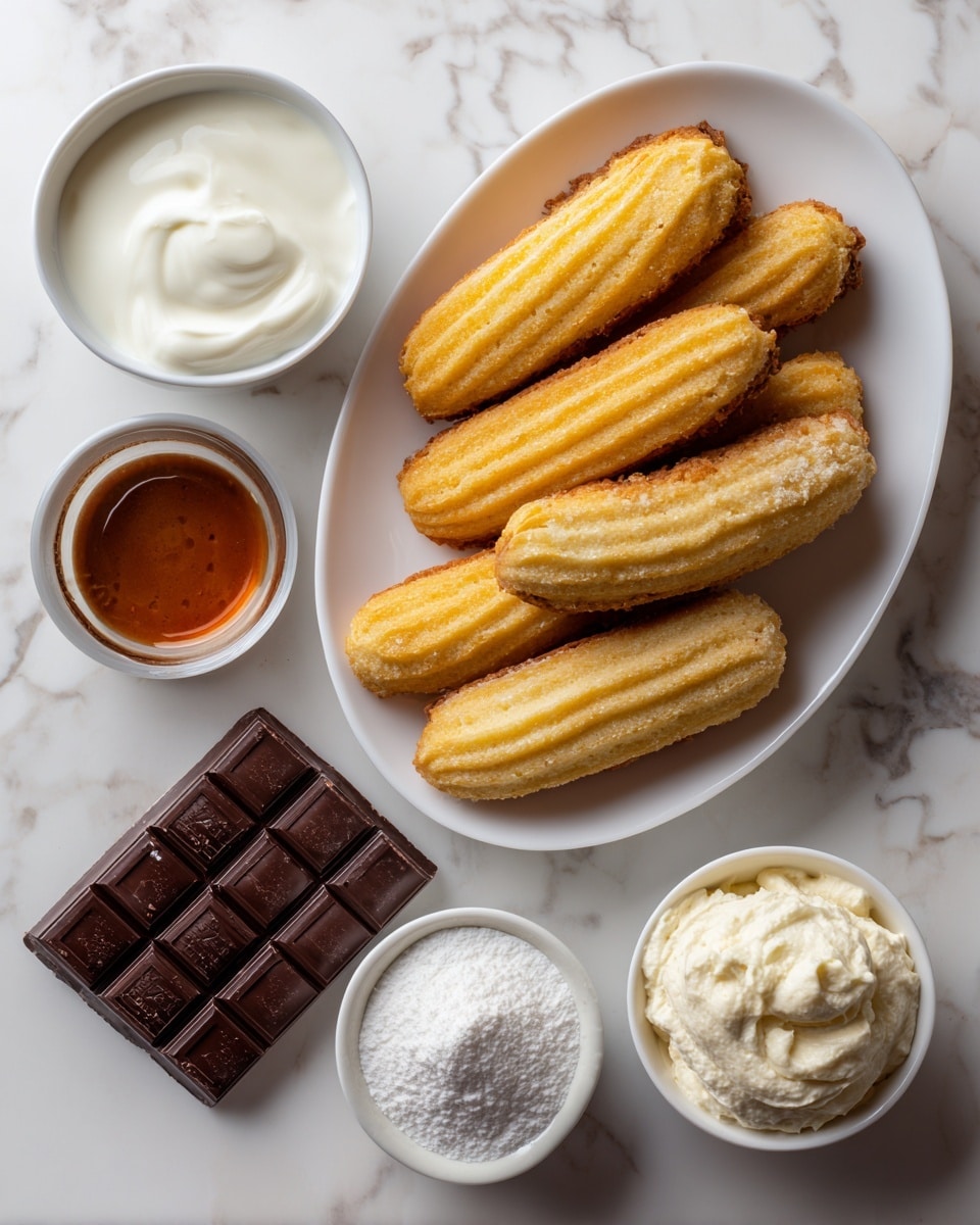 The image shows an overhead view of individual ingredients neatly placed on a white marbled surface. At the center, there is a white oval plate holding a stack of six golden-yellow ladyfingers, arranged slightly overlapping each other. Surrounding the plate are small white bowls: one with smooth white milk, another with fine white sugar, and a third filled with creamy, thick mascarpone cheese that has a soft texture and gentle peaks. A small round white bowl contains a deep brown, thick espresso. Next to it lies a small square bar of dark semi-sweet chocolate, broken into four squares. Above the ladyfingers, a small white round bowl holds a golden orange liquid labeled Disaronno Amaretto. Each ingredient is clearly separated and placed to show its texture and color distinctly, all captured in natural light, photo taken with an iphone --ar 4:5 --v 7