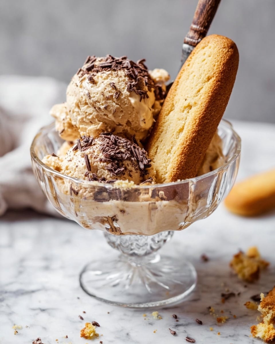 A clear glass dessert bowl with a fluted design holds two scoops of light brown ice cream sprinkled with small dark brown chocolate shavings. One long, oval-shaped ladyfinger cookie with a golden-yellow color is placed vertically inside the bowl beside the ice cream. The bowl sits on a white marbled surface with a blurred light background, creating a soft and cozy atmosphere. Some small broken pieces of the cookie lay scattered around the bowl. A wooden spoon with a turned handle is stuck into the ice cream from behind. photo taken with an iphone --ar 4:5 --v 7