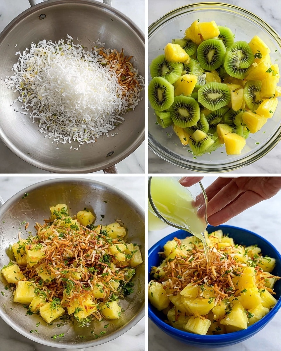 The image shows a four-step process of making a fruit salad with toasted coconut. The first step has a metal pan with white shredded coconut scattered in the middle. The second step shows the same pan with the coconut now toasted light brown and spread out. The third step displays a clear bowl filled with green kiwi slices and yellow pineapple chunks, with a small pitcher pouring light green juice on top and some chopped green herbs sprinkled around. The fourth step is a close-up of a white marbled surface with a blue bowl filled with the pineapple and kiwi, topped with pieces of toasted coconut being sprinkled by a woman's hand. The colors are bright yellow, green, and light brown, with fresh fruit textures and crisp toasted coconut flakes. Photo taken with an iphone --ar 4:5 --v 7
