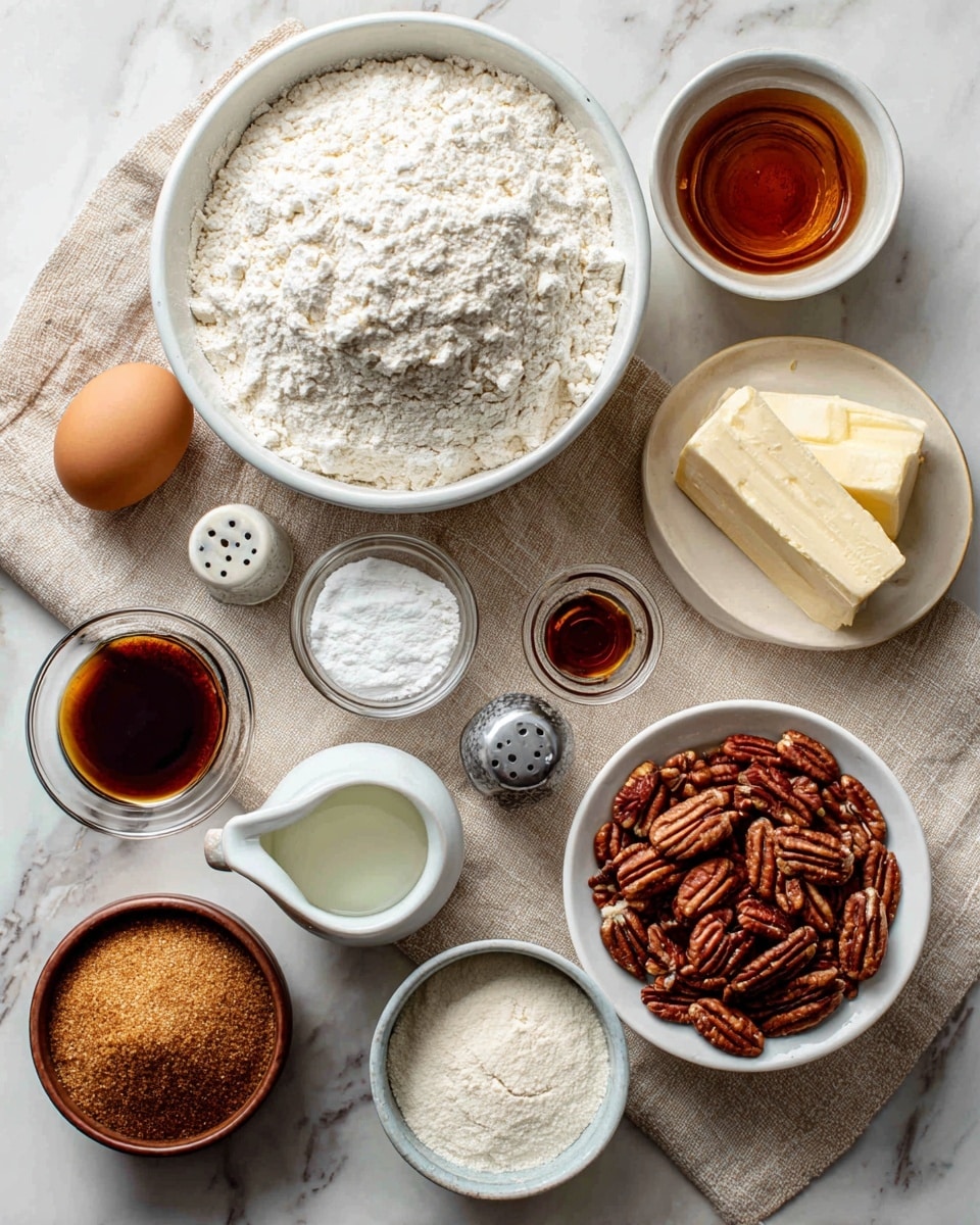 The image shows various baking ingredients arranged neatly on a light beige cloth over a white marbled surface. There are two bowls: one large bowl filled with white all-purpose flour on the upper left and a smaller white bowl full of white confectioners sugar near the center. Nearby are small glass containers holding maple syrup, vanilla extract, and cinnamon, each labeled, with the cinnamon container being a small glass jar with a white lid. A small white bowl contains baking powder, and a white bowl to the right is full of pecans. A round brown cup on the left holds packed brown sugar. A white pitcher with heavy cream, a single brown egg, a metal salt shaker, and a stick of unsalted butter with a paper wrapper are placed around the bowls. The arrangement creates a visually balanced, clean, and organized view of the baking ingredients. Photo taken with an iphone --ar 4:5 --v 7