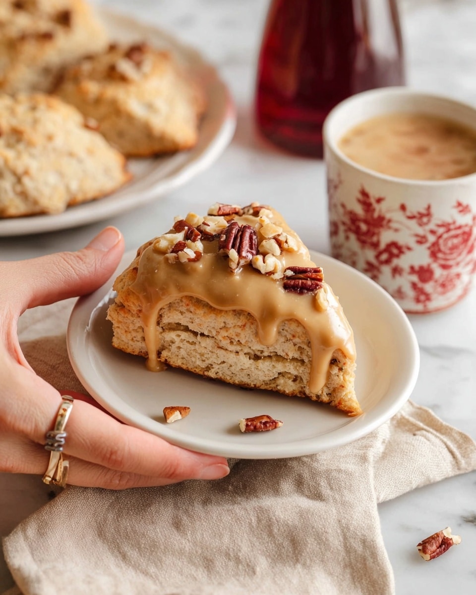 A slice of light brown scone with visible layered texture is placed on a small white plate. The top layer of the scone is covered with smooth, light caramel-colored icing that drips slightly down the sides. Small pieces of chopped pecans are sprinkled on the icing, adding a touch of dark brown and crunchy texture. A woman's hand with a simple ring is gently holding the scone slice from the side. In the background, there is a white marbled surface with a beige cloth napkin, a white plate holding more scones, a cup of coffee with frothy light brown cream in a white mug decorated with red floral patterns, and a dark glass bottle filled with a reddish liquid. Photo taken with an iphone --ar 4:5 --v 7