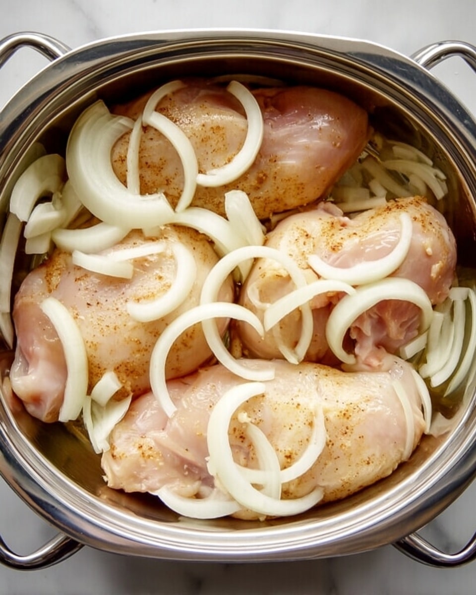 Four raw chicken pieces are placed side by side inside a shiny stainless steel pan with handles on the sides. Each chicken piece is covered with several curved slices of white onion spread evenly on top and in between the chicken. The entire pan is set on a white marbled surface. Photo taken with an iphone --ar 4:5 --v 7