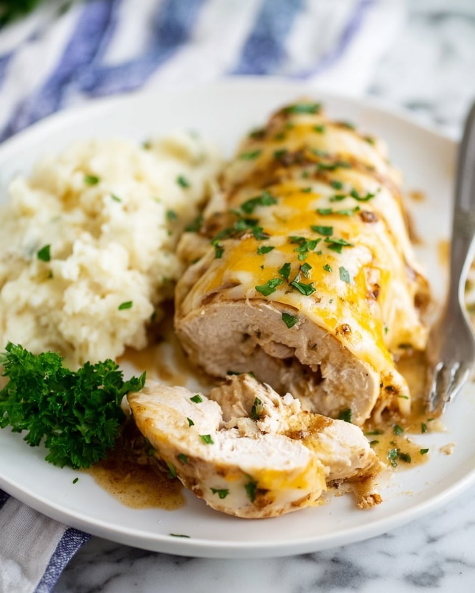 The image shows a white plate with a sliced piece of cooked chicken topped with melted cheese and sprinkled with green herbs, likely parsley. The chicken looks juicy and tender with a light brown color and is covered by a soft layer of light yellow cheese. There is a side of creamy mashed cauliflower, white with a slightly rough texture, also on the plate. A silver fork rests near the cauliflower. The surface beneath the plate is a white marble texture with a blue and white striped cloth partially visible. The photo is taken with an iphone --ar 4:5 --v 7