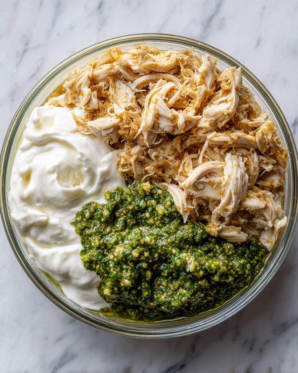 A transparent round bowl on a white marbled surface containing three separate layers of ingredients. One section has light beige shredded chicken with a soft texture, another section has thick and creamy white Greek yogurt, and the third section holds a vibrant green, slightly chunky pesto sauce. Each ingredient is placed side by side without mixing, filling about one-third of the bowl each. Photo taken with an iphone --ar 4:5 --v 7