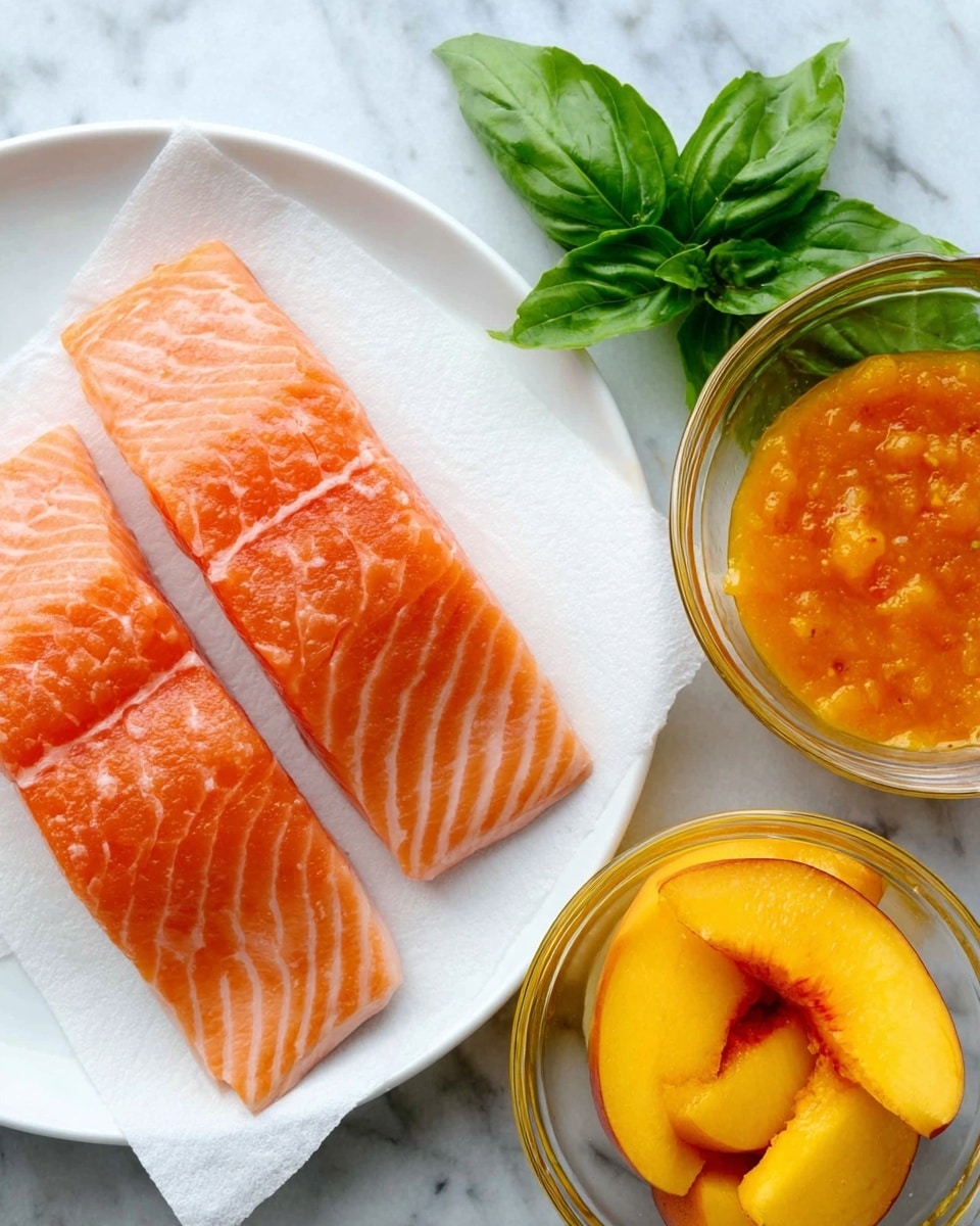Two raw salmon fillets with a light pink-orange color and visible white lines are placed side by side on a white plate lined with white paper. Above the plate are a few green basil leaves. To the right, on a white marbled surface, there is a small glass bowl filled with bright orange sauce that has a slightly chunky texture, and below it is a glass bowl holding yellow peach slices soaking in liquid. Photo taken with an iphone --ar 4:5 --v 7