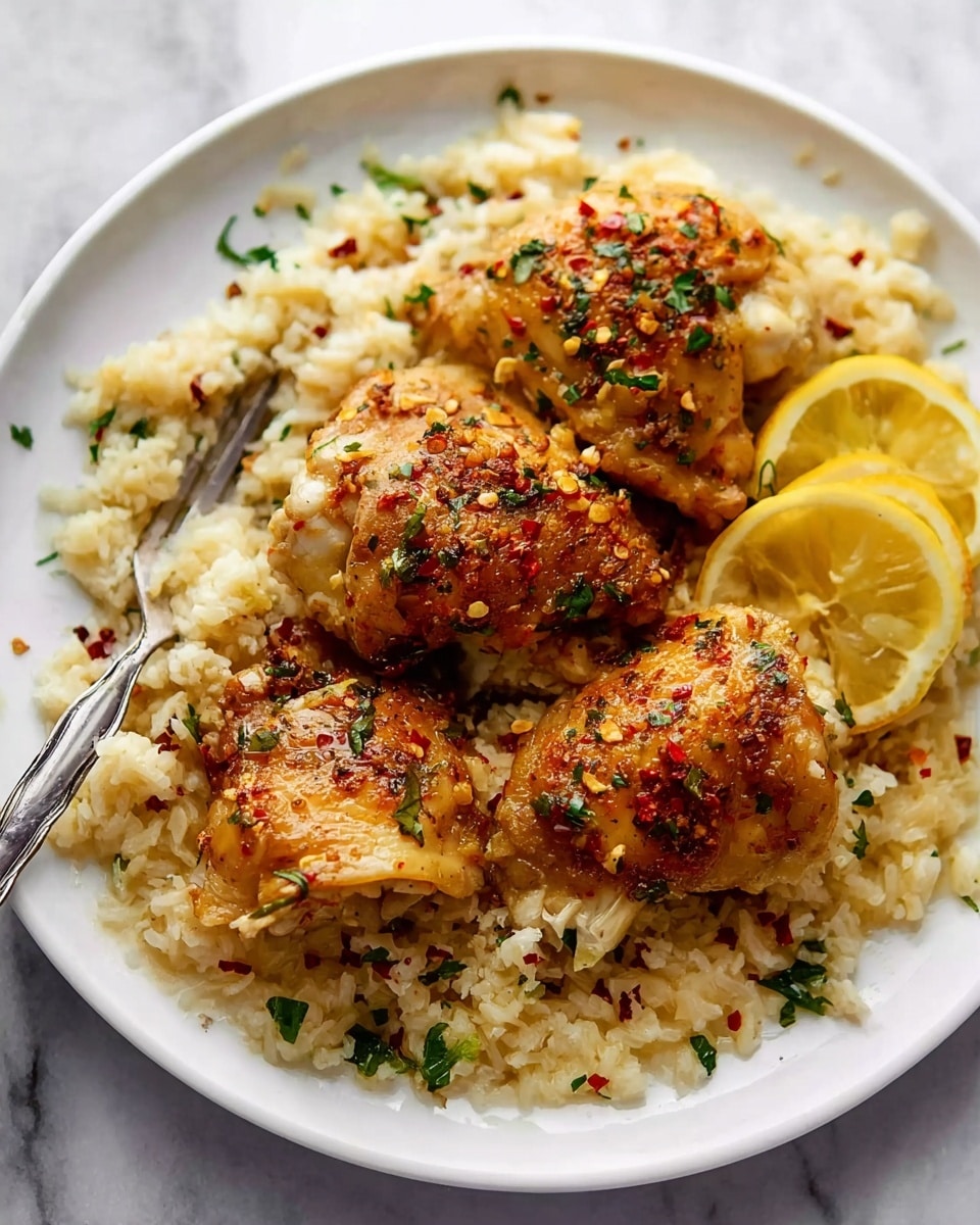 A white plate on a white marbled surface holds three pieces of cooked chicken with a golden brown, textured skin sprinkled with green herbs and red chili flakes. The chicken sits on a bed of beige, fluffy rice mixed with finely chopped green herbs and small red flecks. Two thin lemon slices rest on top of the rice near the chicken pieces. A silver fork is partially inserted into the rice and chicken on the left side of the plate. The overall image is warm and inviting, focused on the detailed textures of the chicken skin and rice grains. photo taken with an iphone --ar 4:5 --v 7
