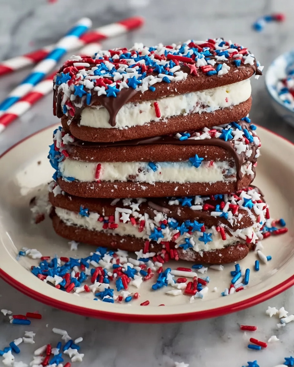 The image shows two stacked ice cream sandwiches on a white plate placed on a white marbled surface with an American flag-themed cloth underneath. Each sandwich has three layers: a middle thick layer of white ice cream, and top and bottom layers of smooth brown chocolate. The top chocolate layer is covered with red, white, and blue sprinkles scattered densely, and some sprinkles fall onto the white plate. The texture of the ice cream looks soft, while the chocolate appears firm and glossy. photo taken with an iphone --ar 4:5 --v 7