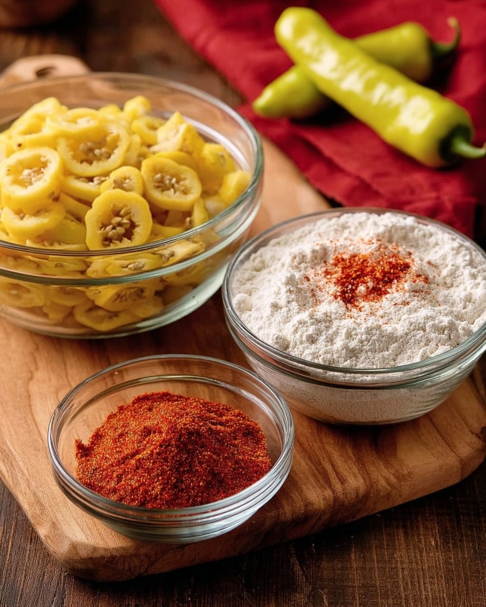 The image shows three clear glass bowls placed on a wooden board. The largest bowl on the left is filled with light yellow sliced chili rings with visible seeds inside. To the right, a slightly bigger bowl contains white flour with a small pile of red spice sprinkled on top near the center. In front of these two bowls, a smaller bowl holds a heap of the same red spice. In the background, two whole pale green-yellow chili peppers lie on the wooden surface near a red cloth. The setting is simple with the details clear and the focus on the ingredients. Photo taken with an iphone --ar 4:5 --v 7