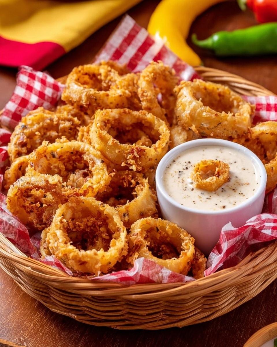A close-up of a woman's hand dipping a golden, crunchy onion ring into a clear glass bowl filled with creamy white sauce topped with green herbs and red chili flakes. In the background, a white plate lined with parchment paper holds more golden onion rings, some with crumb pieces scattered around. The scene is set on a dark wooden surface with a white marbled texture seen at the edges, and a small round brown bowl filled with red chili flakes sits blurred behind the plate. A red cloth and a yellow pepper are also softly visible in the background. photo taken with an iphone --ar 4:5 --v 7