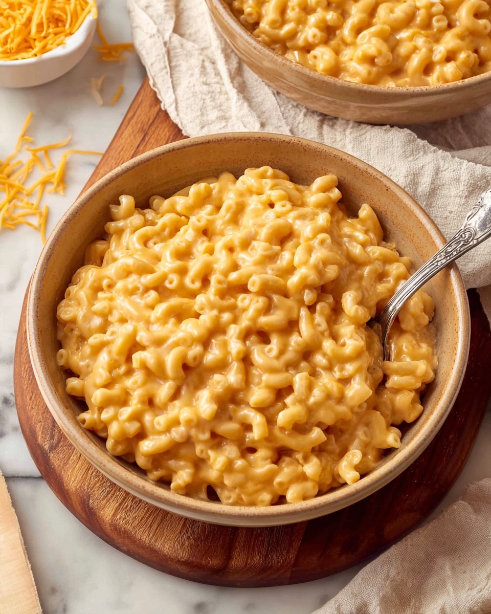 A close-up image of creamy macaroni and cheese served in two light brown bowls placed on a wooden board and a white marbled surface underneath. The macaroni pasta is covered in a thick, smooth, melted cheese sauce with a warm orange-yellow color, showing the small spiral-shaped pasta well coated all over. One bowl is fully visible in the front with a silver spoon inside, and the other bowl is partially visible in the background, slightly out of focus. There is a white marbled surface with a beige cloth napkin near the bowls and some shredded orange cheese scattered around. Photo taken with an iphone --ar 4:5 --v 7