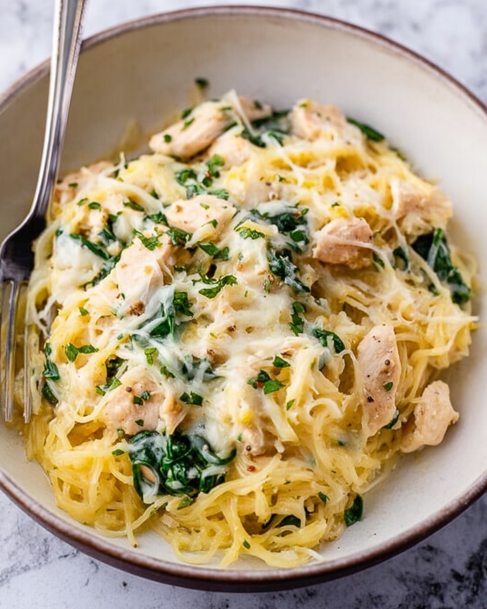 The image shows a white bowl filled with a creamy pasta dish with about three layers visible. The bottom layer is light yellow spaghetti or noodle strands, soft and slightly tangled. On top of the noodles, there are pieces of pale, tender chicken mixed throughout, along with dark green spinach leaves that add contrast. The whole dish is covered in a melted cheese layer that is creamy white and slightly stringy in texture. Small bits of chopped parsley sprinkled over the top add a touch of fresh green color. A silver fork is partially stuck in the pasta on the left side. The bowl sits on a white marbled surface. photo taken with an iphone --ar 4:5 --v 7