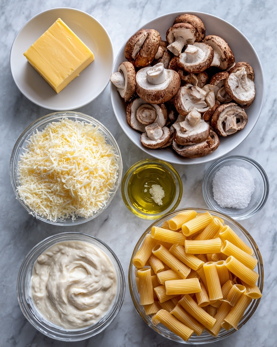 The image shows several clear and white bowls arranged on a white marbled textured surface. Starting from the top left, there is a small white bowl with a yellow square of butter. Below it, another small white bowl contains minced garlic. In the center, a medium white bowl is filled with sliced brown mushrooms showing their white inner flesh. To the right of the mushrooms, a small white bowl holds a greenish oil. Below the oil, there is a white bowl filled with heavy cream, smooth and pale. Beneath the cream, another clear bowl contains uncooked rigatoni pasta, yellow and tube-shaped. In the bottom left, a larger white bowl is filled with grated parmesan cheese, light yellow in color. Finally, a small glass bowl with white salt sits above the pasta bowl, completing the neat layout of ingredients. photo taken with an iphone --ar 4:5 --v 7