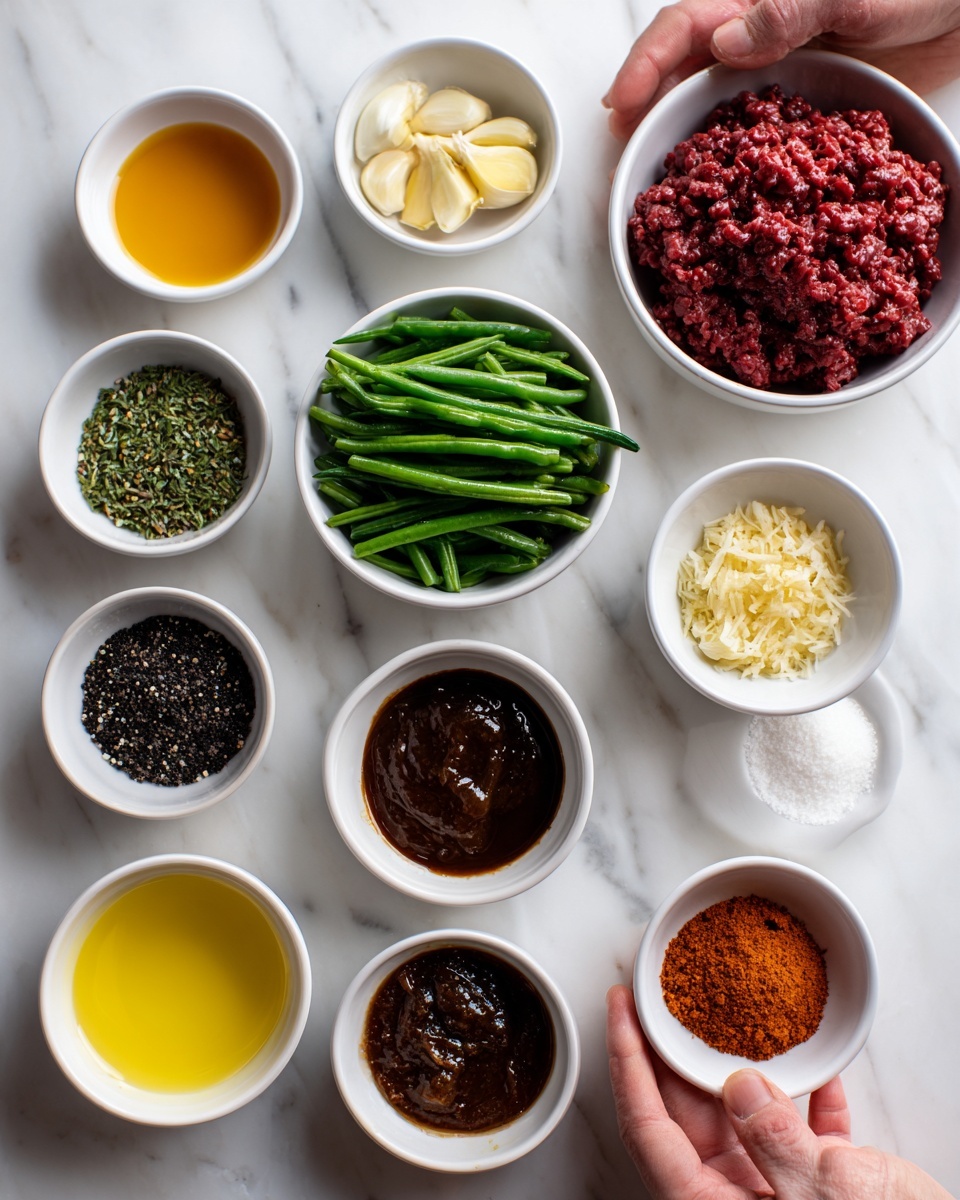 The image shows nine small white bowls and a woman’s hand holding three garlic cloves on a white marbled surface. The top right bowl has a dark red minced meat. Below it, a bowl is filled with bright green pieces of cut green beans. To the left of the green beans, there are eight more bowls arranged diagonally. The top left bowl contains a small amount of a shiny golden liquid. Below it is a bowl of ground black pepper and to its right is a bowl filled with a thick dark brown sauce. Below the sauce is a bowl with pale yellow oil, followed by a bowl of fine white salt. The second to last bowl on the bottom left contains a red-brown powder, and above it is grated ginger in a bowl. The white marbled surface is clean and smooth. Photo taken with an iphone --ar 4:5 --v 7