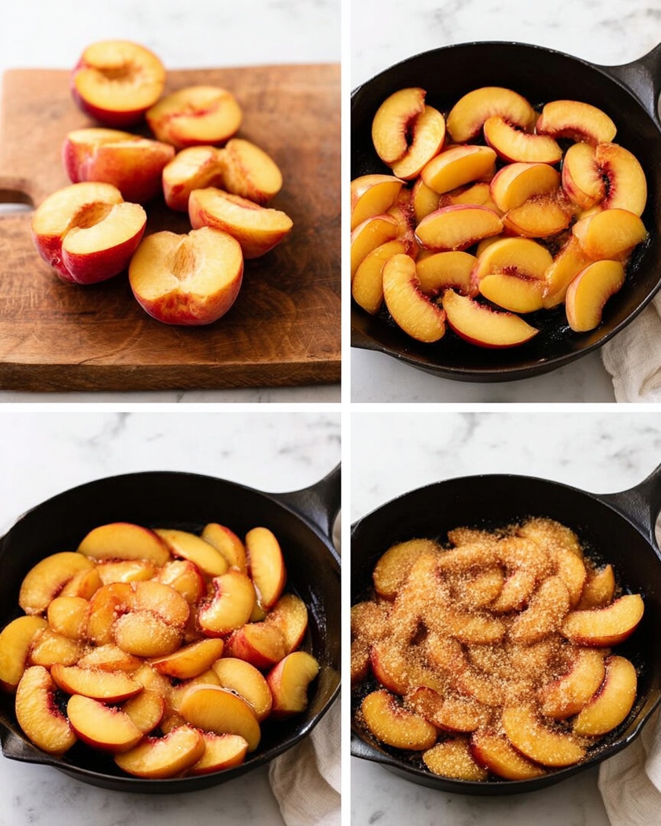 Three images show the process of cooking sliced peaches in a black skillet on a white marbled surface. The first image shows many peach slices with orange-yellow flesh and red edges, placed on a wooden board next to a peach half in the background. The second image shows the black skillet filled with one layer of peach slices arranged in a circle, their soft flesh and red edges visible. The third image shows the same skillet with the peach slices topped with light brown sugar sprinkled evenly over them. Photo taken with an iphone --ar 4:5 --v 7