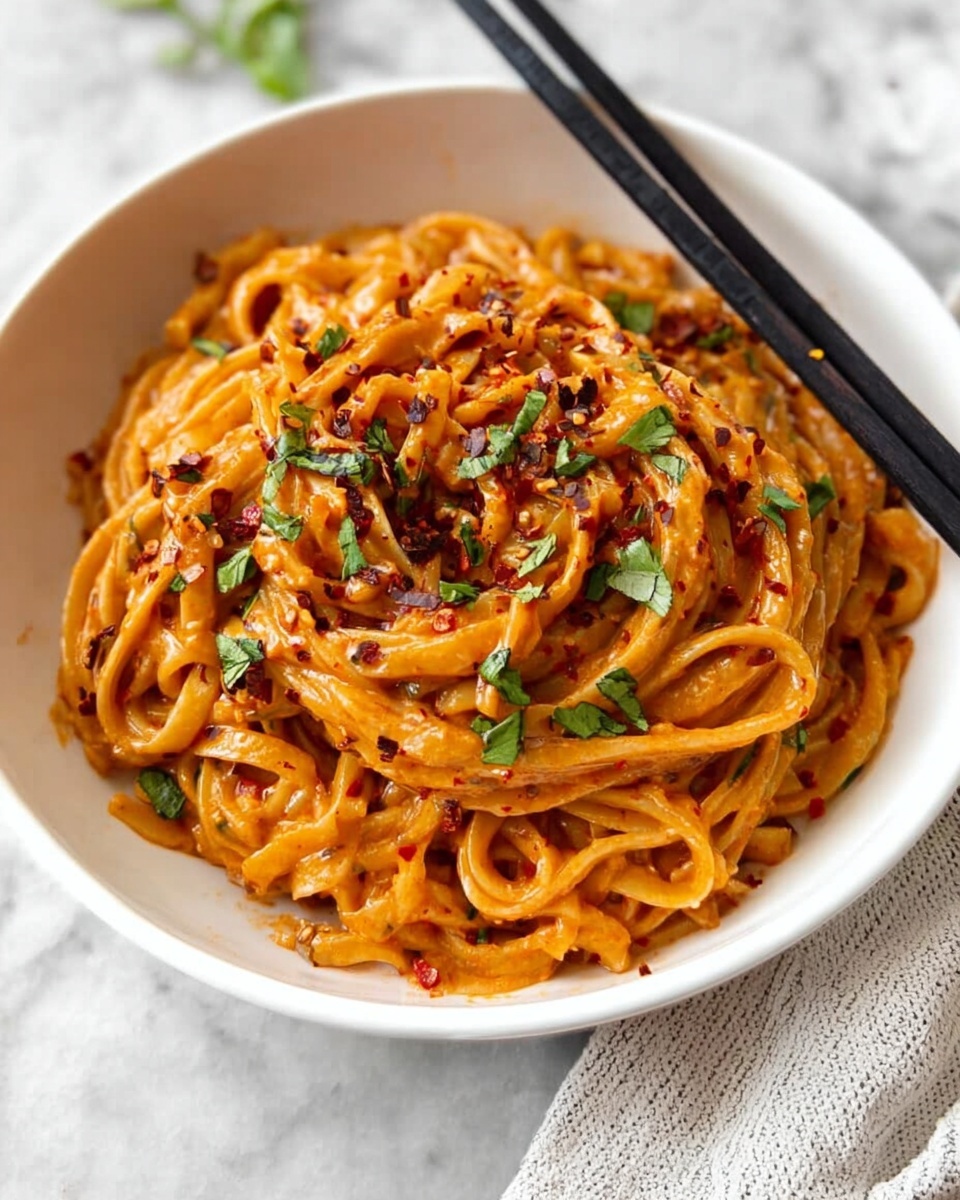 A white bowl filled with tangled, thick noodles coated in a rich orange sauce, layered with small green herb pieces scattered on top and hints of red chili flakes. The noodles have a smooth, slightly glossy texture, and the sauce looks creamy and evenly spread. Black chopsticks rest on the side of the bowl, and the bowl sits on a white marbled surface with a light striped cloth nearby. Photo taken with an iphone --ar 4:5 --v 7