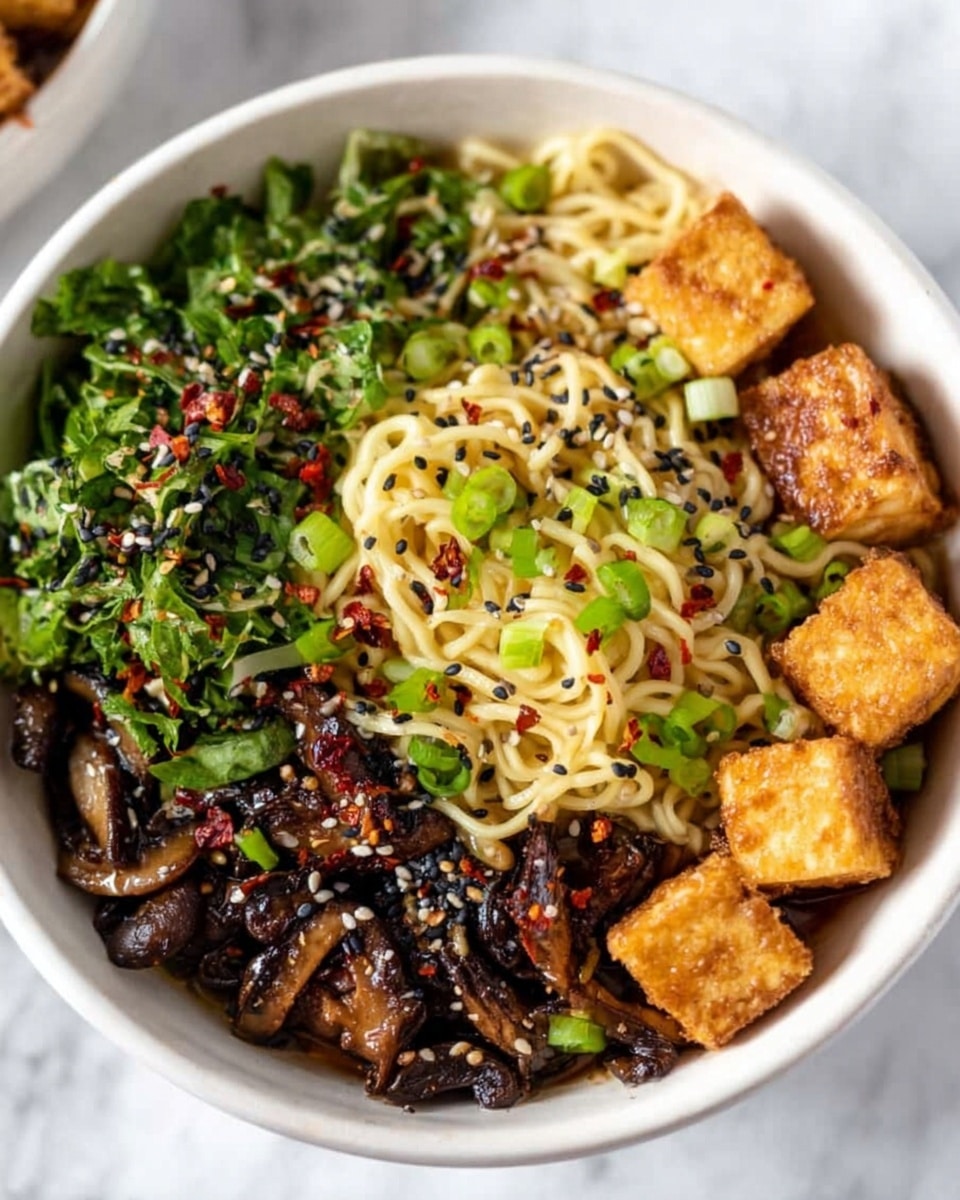 A white bowl filled with a colorful ramen dish placed on a white marbled surface. The bowl contains light yellow noodles on one side, topped with green sliced scallions and sprinkled with black and white sesame seeds along with red chili flakes. On the other side, there are dark brown mushrooms mixed with fresh green herbs. Scattered across the bowl are golden cubes of tofu. The textures range from soft noodles to crispy tofu and leafy herbs, all evenly distributed inside the bowl. photo taken with an iphone --ar 4:5 --v 7