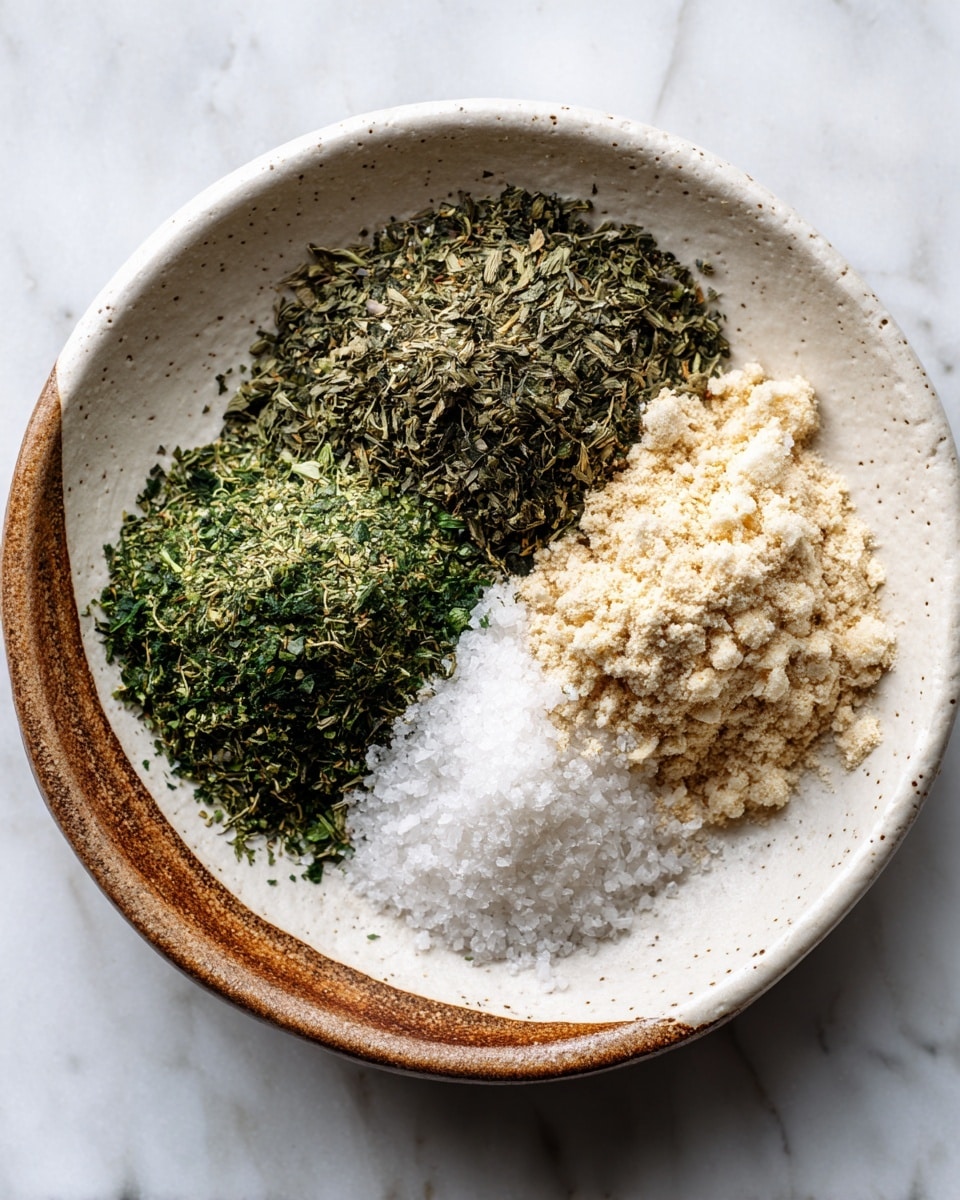 A white speckled bowl with a natural brown section on the rim holds three piles of dry ingredients arranged in a circle—deep green dried herbs on the left, light beige powder on the upper right, and coarse white salt at the bottom. The bowl rests on a white marbled surface. photo taken with an iphone --ar 4:5 --v 7