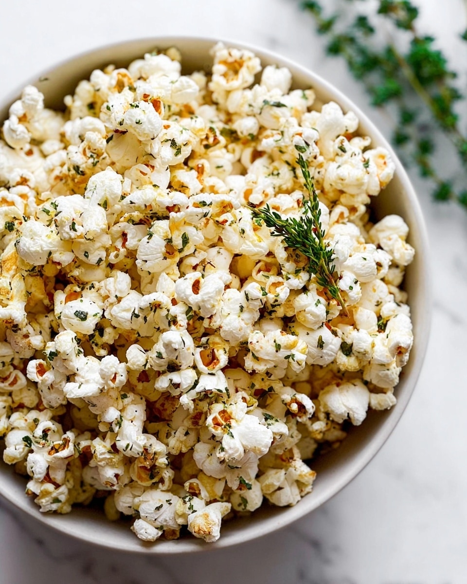 A white bowl is filled with fluffy popcorn that has small green herb flakes sprinkled all over it, giving a speckled look of white, light yellow, and green. The popcorn pieces show some light brown spots from popping. A small green herb sprig is placed on the edge of the bowl, adding a fresh touch. The bowl sits on a white marbled surface with a blurred green herb sprig in the background, creating a simple and clean scene. photo taken with an iphone --ar 4:5 --v 7