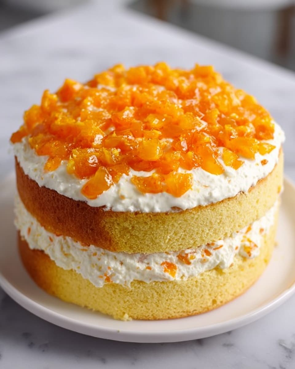Two layers of soft yellow sponge cake are stacked on a white plate, separated by a thick layer of white cream with small bits of orange fruit inside. The top layer is covered with a generous amount of small, bright orange fruit pieces that look juicy and fresh. The cake sits on a white marbled surface with soft natural light highlighting its texture. photo taken with an iphone --ar 4:5 --v 7