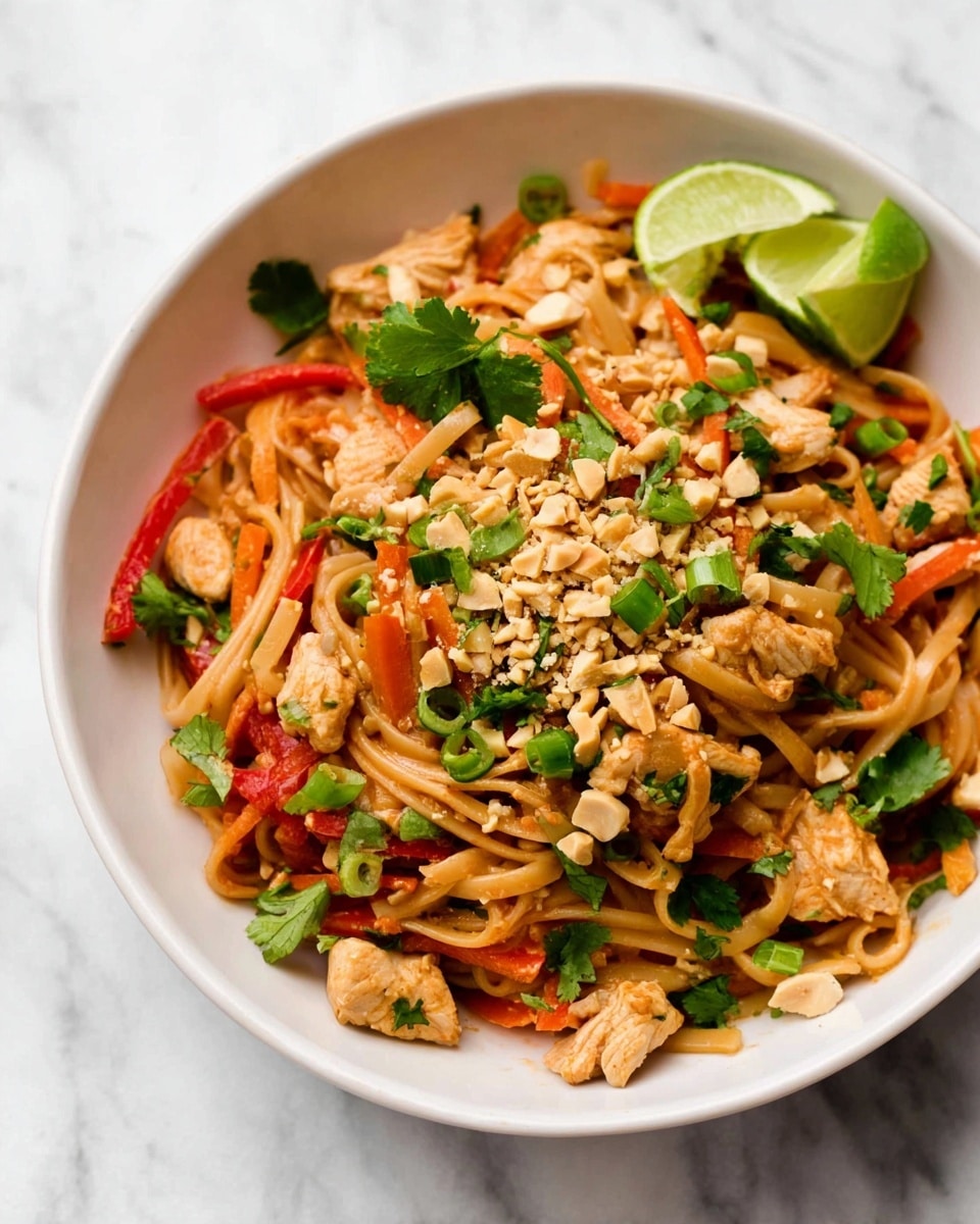 A white bowl filled with a colorful noodle dish layered with light brown noodles as the base, topped with small pieces of light tan cooked chicken, thin strips of orange carrot, and red bell pepper slices. Chopped green onions and fresh cilantro leaves are scattered on top, along with a sprinkle of crushed light brown peanuts. Two green lime wedges sit on the side of the bowl. The bowl is placed on a white marbled surface. photo taken with an iphone --ar 4:5 --v 7