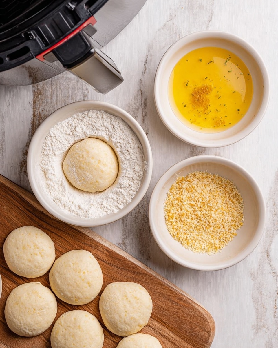 The image shows a cooking process with three white bowls placed on a white marbled surface. One bowl contains white flour with a round dough piece covered in flour in the center. The second bowl holds yellow beaten eggs with a dough piece dipped in the yolk. The third bowl has golden-brown breadcrumbs, with a crumb-coated dough piece resting on top. Below the bowls, a wooden board displays eight smooth, round, pale dough pieces arranged in a casual group. In the top left corner, a black air fryer is partially visible. Photo taken with an iphone --ar 4:5 --v 7