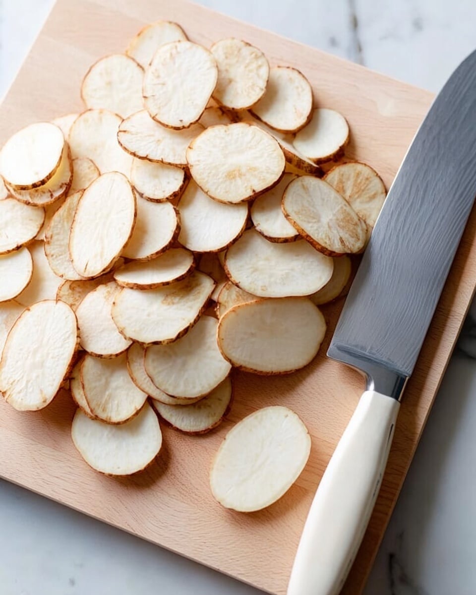 The image shows many thin, oval slices of a light beige root vegetable with light brown edges spread on a light wooden cutting board. A large silver knife with a white handle lies on the right side of the board. One slice is separated from the group and placed on the white marbled surface next to the board. The lighting is soft, giving the slices a smooth texture and subtle shadows. photo taken with an iphone --ar 4:5 --v 7