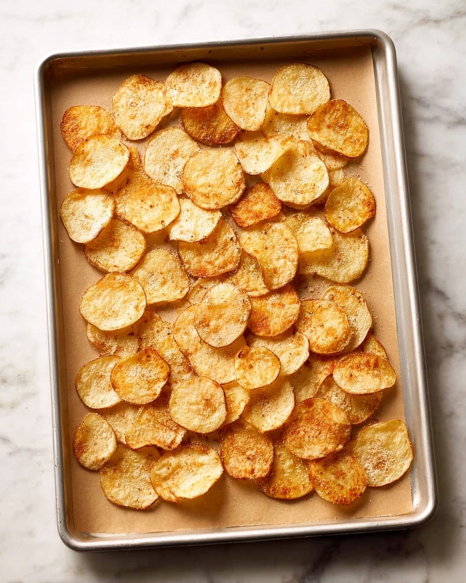 A metal baking tray lined with light brown parchment paper holds about 30 thin, round slices of baked potato chips. Each chip varies slightly in size and shape, with a golden-brown color and a lightly crispy texture, some edges showing a deeper toasted shade. The chips are spaced evenly across the tray, revealing the slightly wrinkled, cooked surface of each slice. The tray rests on a white marbled surface, enhancing the warm tones of the chips. photo taken with an iphone --ar 4:5 --v 7