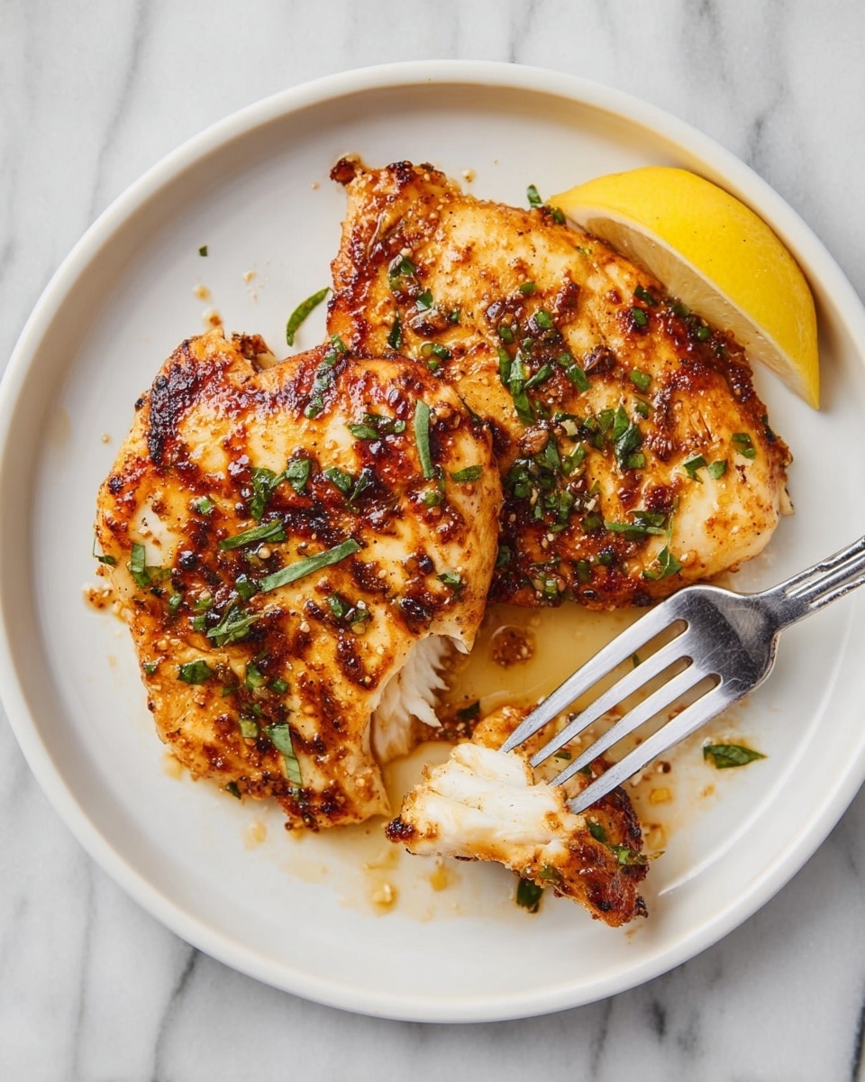 A white plate holds two golden-brown grilled pieces with a slightly charred look, topped with small green herb bits. A yellow lemon wedge rests between the two pieces near the top right. A fork is holding a closer piece with a white interior and browned outside, positioned at the bottom center of the plate. The plate is on a white marbled surface. photo taken with an iphone --ar 4:5 --v 7