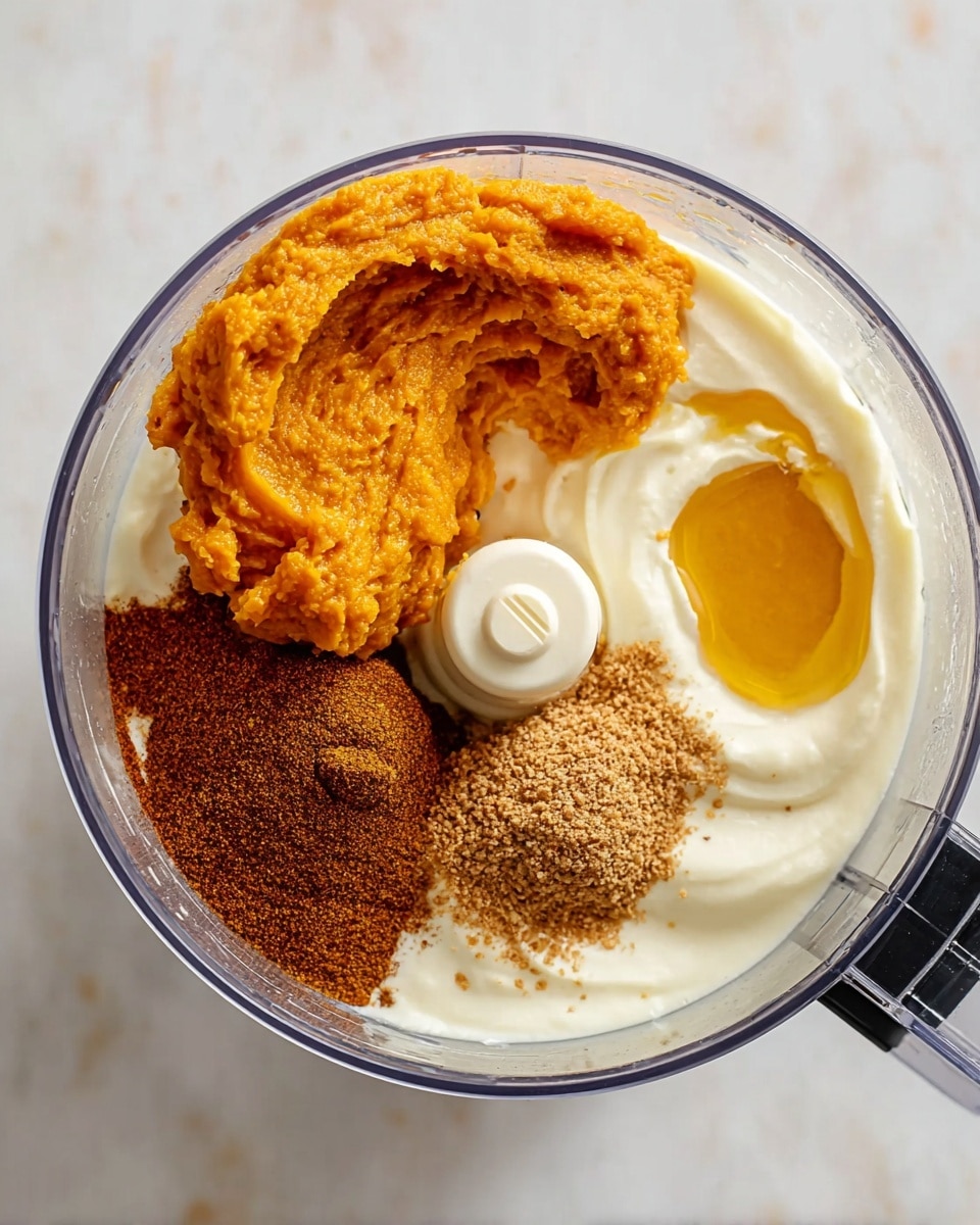 A clear food processor bowl filled with layered ingredients showing four distinct parts: a large dollop of orange pumpkin puree positioned on the left side, smooth creamy white base filling the rest of the container, a small pool of golden honey on the upper right, and a heap of finely ground brown spices placed below the pumpkin puree on the left side. The background is a white marbled texture. Photo taken with an iphone --ar 4:5 --v 7
