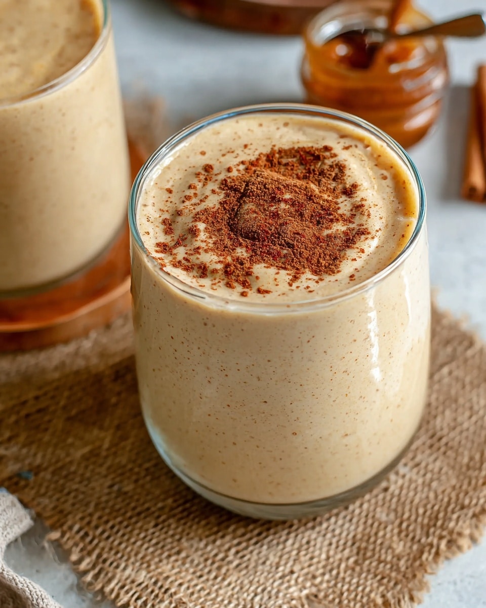 A clear glass is filled with a thick, creamy beige smoothie topped with a dusting of dark brown powder, sitting on a rough burlap cloth on a white marbled surface. The smoothie has a smooth texture with small visible specks, filled nearly to the top of the glass with a slight peak in the center. In the background, there is a second glass with the same smoothie, a small open jar with a spoon inside, and a cinnamon stick partially visible on the side. photo taken with an iphone --ar 4:5 --v 7