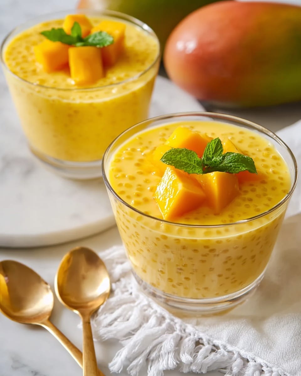 Two glass cups filled with bright yellow mango tapioca pudding, showing small tapioca pearls evenly spread inside the creamy layer, topped with three small, shiny cubed mango pieces and a small green mint leaf at the center. The cups are placed on a white marbled surface, with a white cloth with fringes on the side and two golden spoons nearby, giving a fresh and clean look. In the background, there are two whole mangos that are slightly out of focus. Photo taken with an iphone --ar 4:5 --v 7