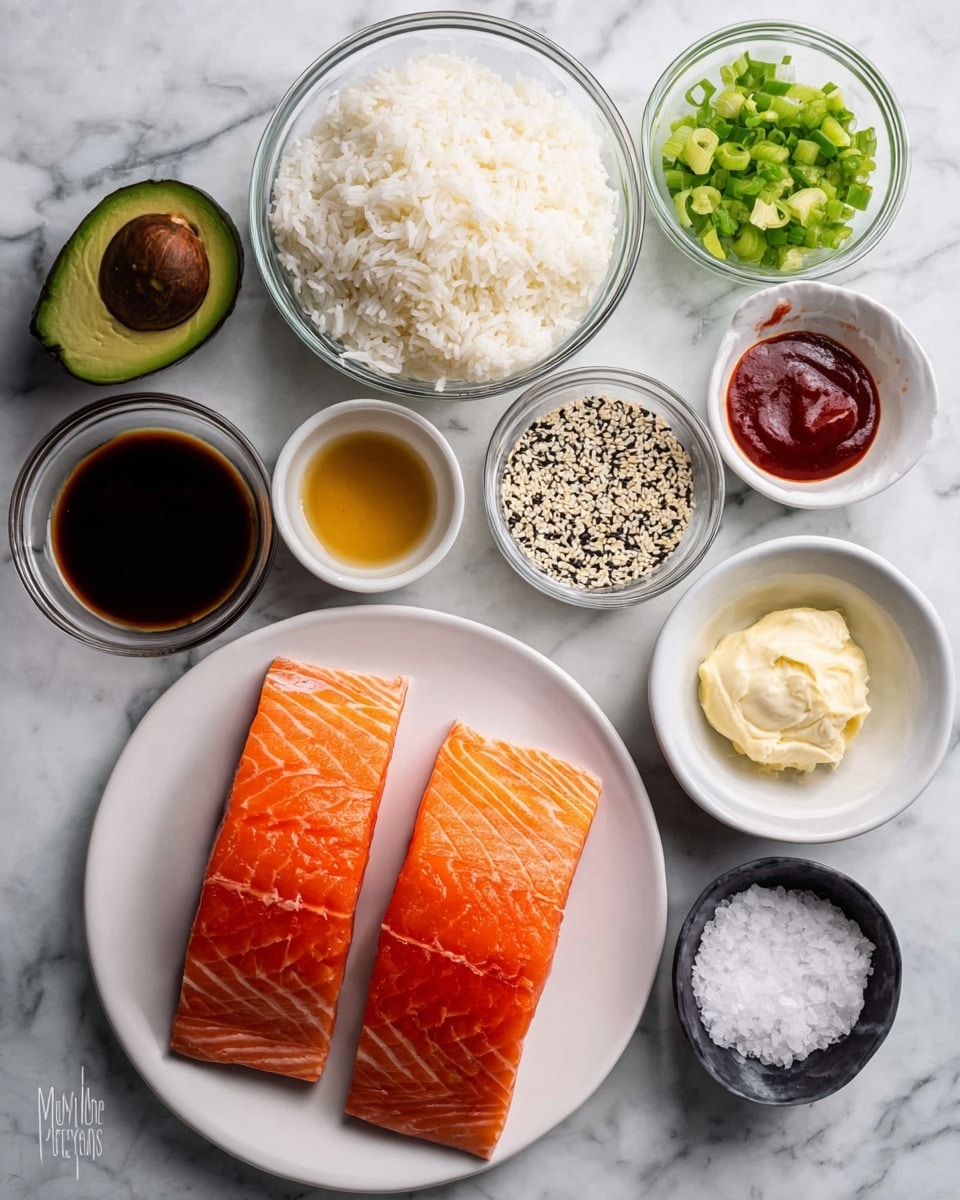 The image shows ingredients for a salmon dish arranged neatly on a white marbled surface. Two thick pieces of bright orange salmon with visible white lines rest on a white plate at the bottom left. Above the salmon, there is a round glass bowl filled with white rice. To the right of the rice, there are small white bowls and glass containers holding white and black mixed sesame seeds, a green avocado, chopped green onions in a clear bowl, a small bowl of creamy pale yellow mayonnaise, light brown liquid in a glass bowl, dark soy sauce in a white bowl, red sauce in another white bowl, and two small white bowls containing white sea salt and coarse white salt. Everything is clear, simple, and colorful, showing fresh ingredients ready to be used photo taken with an iphone --ar 4:5 --v 7