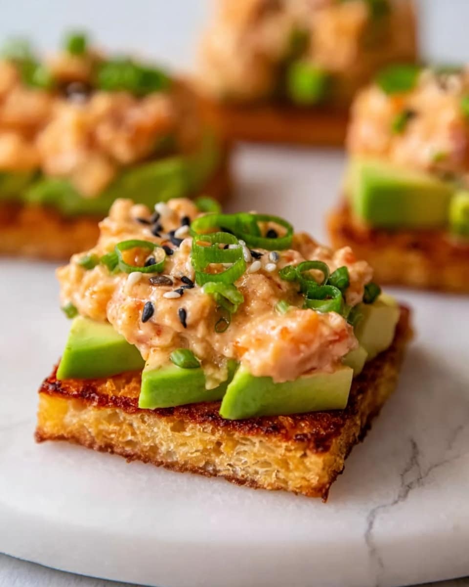 The image shows small square pieces of crispy rice at the bottom with a golden brown toasted texture. On top of the rice, there is a layer of fresh green avocado slices, neatly arranged. Above that, there is a creamy mixture with small chunks of orange salmon coated in a light pink sauce, topped with black sesame seeds and chopped green onions. A woman's hand is holding wooden chopsticks picking one piece from a white plate, which is placed on a white marbled surface. photo taken with an iphone --ar 4:5 --v 7