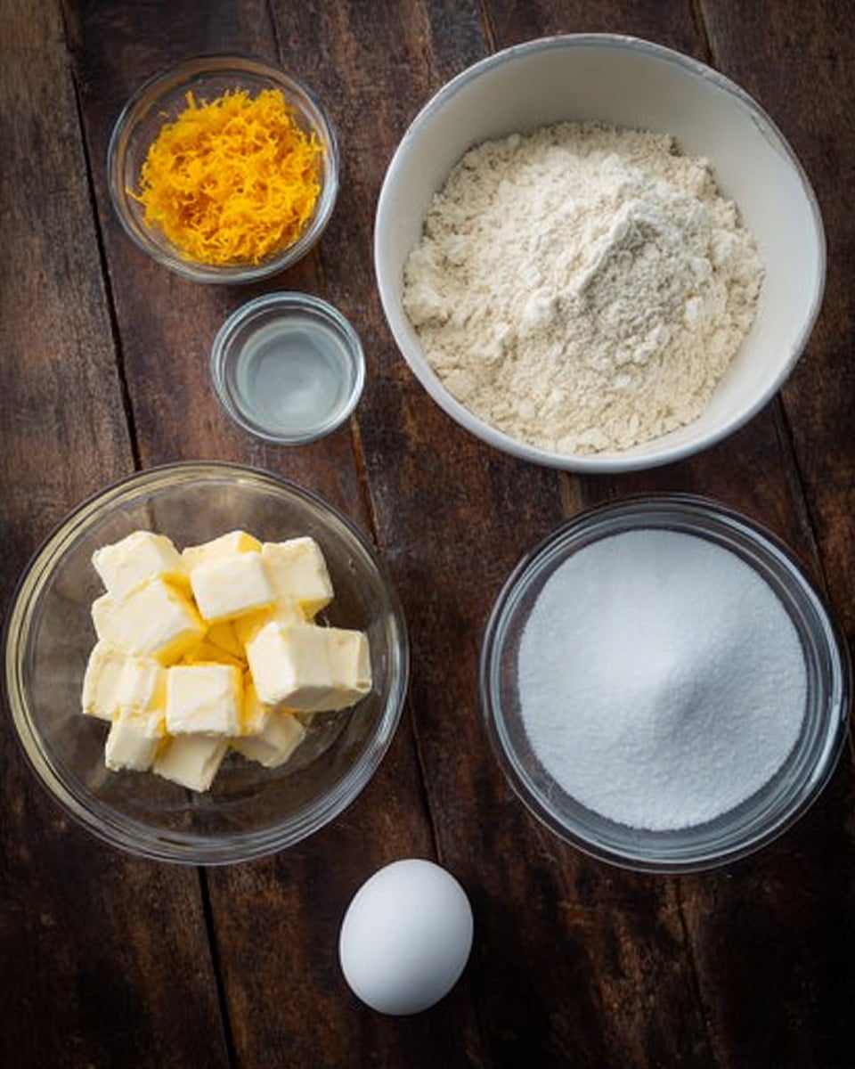 A white bowl filled with light beige flour mixed with some white powder sits on the top right of a dark wooden surface. Next to it, on the left, is a stack of six small white cubes of butter in a clear round bowl. Below the butter bowl is a larger clear bowl filled with white granulated sugar. To the far left, a smaller clear bowl contains bright orange lemon zest. Above the sugar bowl is a tiny bowl with a small amount of clear liquid. At the bottom right, a white egg carton holds one white egg in the first slot, with the other slots empty. The setting is on a textured dark wooden surface photo taken with an iphone --ar 4:5 --v 7