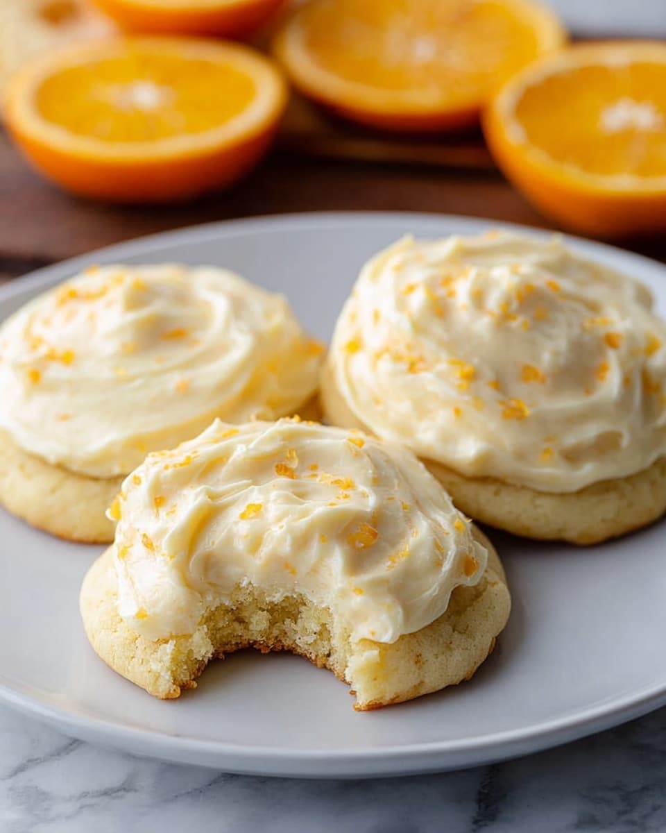 A white plate holds three soft cookies with light yellow color, showing a fluffy texture. Each cookie is topped with a thick layer of creamy frosting that has a pale off-white color with small orange specks mixed in, spread in a swirled pattern. One cookie at the front has a bite taken from it, revealing a soft, crumbly inside. In the background, placed on a white marbled surface, there are halves of bright orange citrus fruits, adding a fresh touch to the scene. photo taken with an iphone --ar 4:5 --v 7