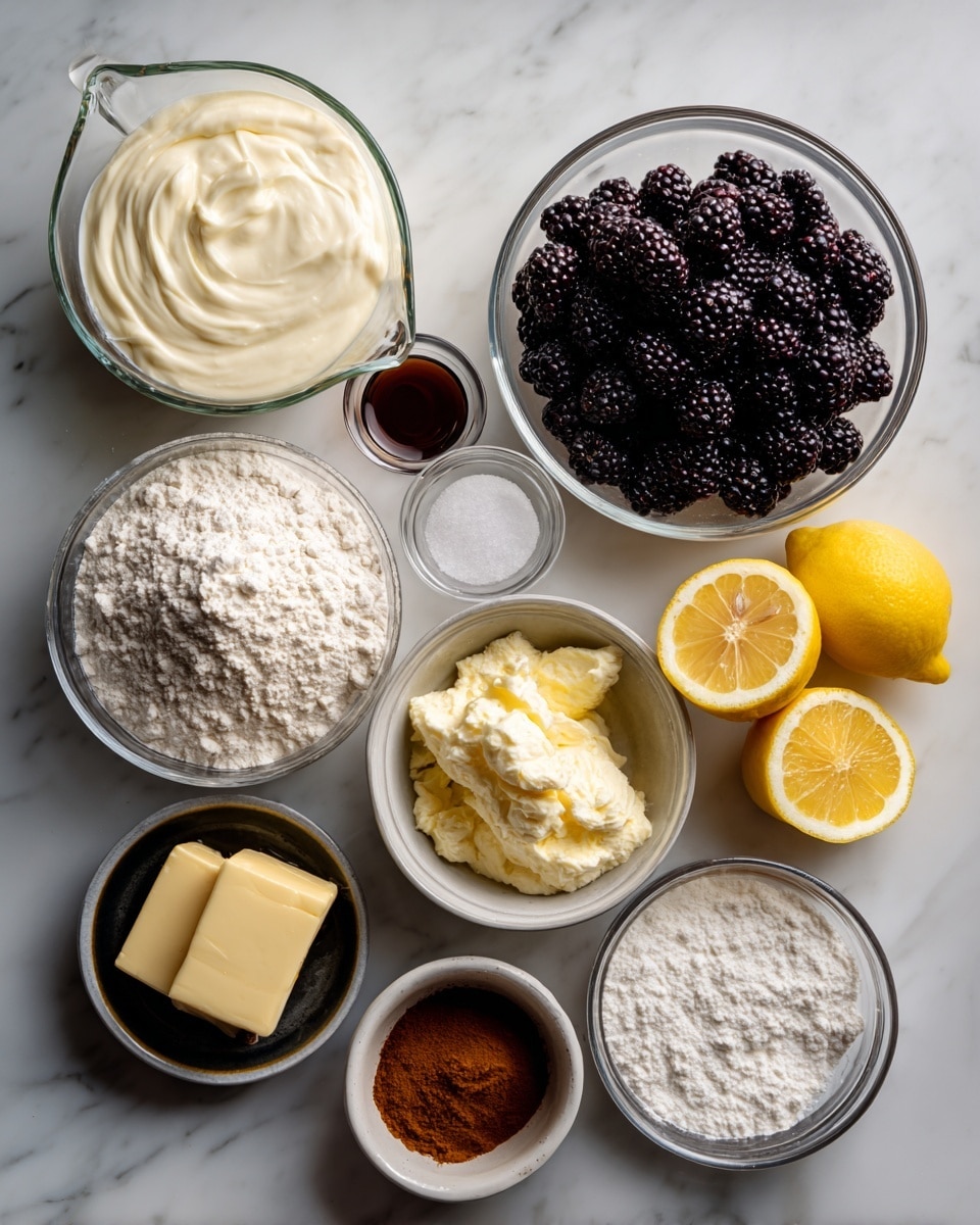 The image shows 11 clear bowls and one white bowl arranged on a white marbled surface. In the top left is a clear measuring cup with buttermilk inside, creamy white and smooth. Next to it on the right is a white bowl filled with shiny, dark blackberries. Above the blackberries to the right are two lemon halves, bright yellow with visible pulp. Below the lemons is a small clear bowl with a tiny amount of white salt. To the left of the salt is a large clear bowl filled with white flour that looks powdery and soft. Below the flour is an empty clear bowl. To the left of that, near the bottom center, are small dollops of pale yellow butter in a dark ceramic dish. Above the butter, a very small clear bowl with dark vanilla extract. Next to vanilla, a small bowl holds reddish-brown cinnamon powder. Above cinnamon, a white bowl is filled with granulated white sugar. To the left of sugar, another small clear bowl with white baking powder powder. The scene is neat and well lit, all items in focus photo taken with an iphone --ar 4:5 --v 7