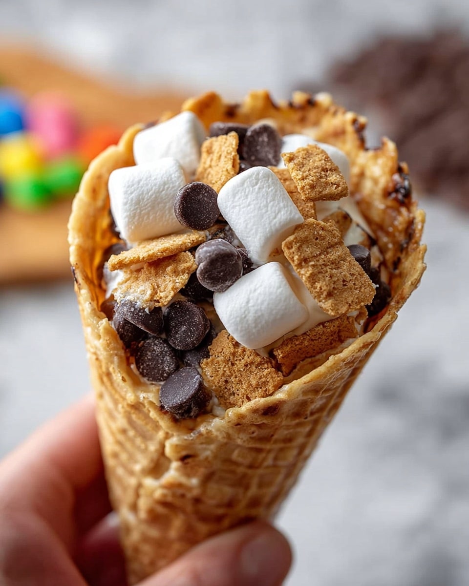 A close-up image of a waffle cone held by a woman's hand filled with three main layers visible from the top: small white marshmallows scattered on top, dark round chocolate pieces beneath the marshmallows, and broken light brown pieces of graham crackers mixed among the marshmallows and chocolates filling the cone. The waffle cone shows a light golden-brown texture with a grid pattern, and the background is a white marbled texture with out-of-focus colorful candy and dark elements. photo taken with an iphone --ar 4:5 --v 7