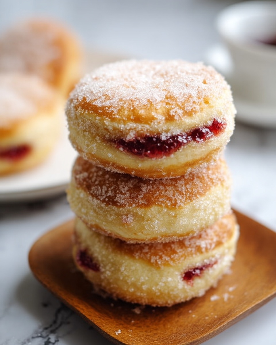 The image shows a stack of three round pastries with a golden-brown crust covered in a fine layer of sugar crystals, giving them a slightly rough texture on top. Each pastry has a visible layer in the middle that reveals a red fruit filling, likely raspberry or strawberry jam, peeking out softly from between the light, fluffy dough layers. The stack sits on a small wooden board, placed over a white marbled surface. In the background, there is another white plate with a single similar pastry, slightly blurred. The focus is on the sugar-crusted tops and the red jam layers in the middle photo taken with an iphone --ar 4:5 --v 7