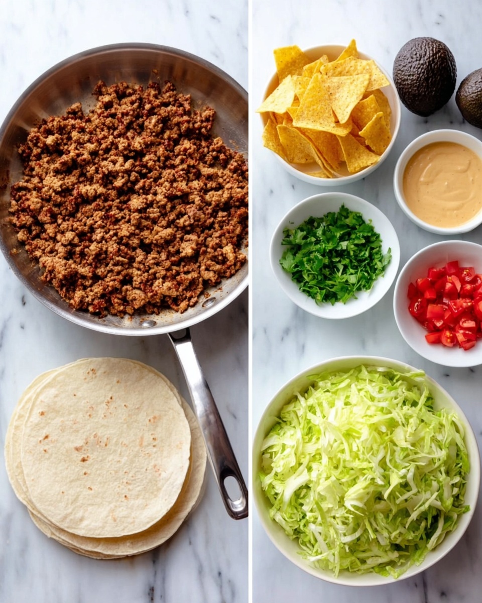 The image shows two parts: on the left, there is a silver frying pan with cooked ground meat that is brown and crumbly. The pan is on a white marbled surface. On the right side, six white bowls and plates are arranged neatly on a white marbled background. The top left bowl contains yellow tortilla chips, the top right bowl has light brown sauce with a creamy texture, the middle left bowl holds chopped green cilantro and the middle right bowl has small red tomato pieces. Below these, a large white bowl is filled with shredded, light green lettuce. On the bottom left, there are three white tortillas stacked, and two whole dark green avocados sit next to the tortillas on the right side. photo taken with an iphone --ar 4:5 --v 7