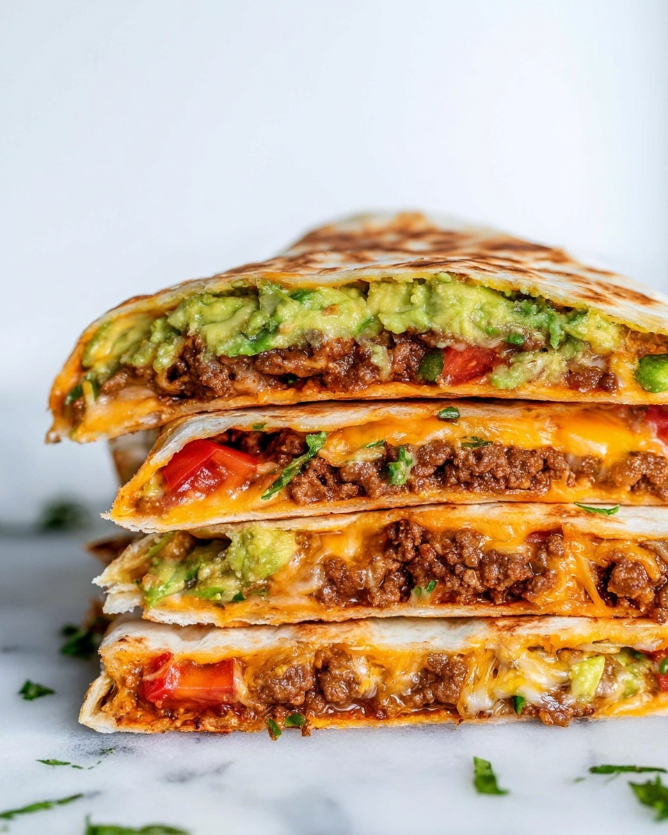 A close-up view of a stack of four folded tortillas filled with layers of ingredients. Each tortilla contains a base layer of cooked ground meat with a brown texture, topped with a layer of melted orange cheese and chunks of red tomatoes. Above that, there is a layer of green guacamole mixed with small pieces of herbs and onions, followed by more cheese melted unevenly. The tortillas have a light golden color with crispy edges. The stack is placed on a white marbled surface with a few small green herb pieces scattered around. The background is plain white, and the focus is sharp on the middle layers of the tortillas. photo taken with an iphone --ar 4:5 --v 7