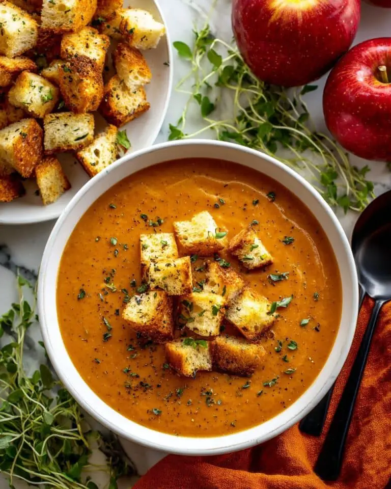 Creamy Roasted Apple Pumpkin Soup with Parmesan and Crispy Croutons Recipe