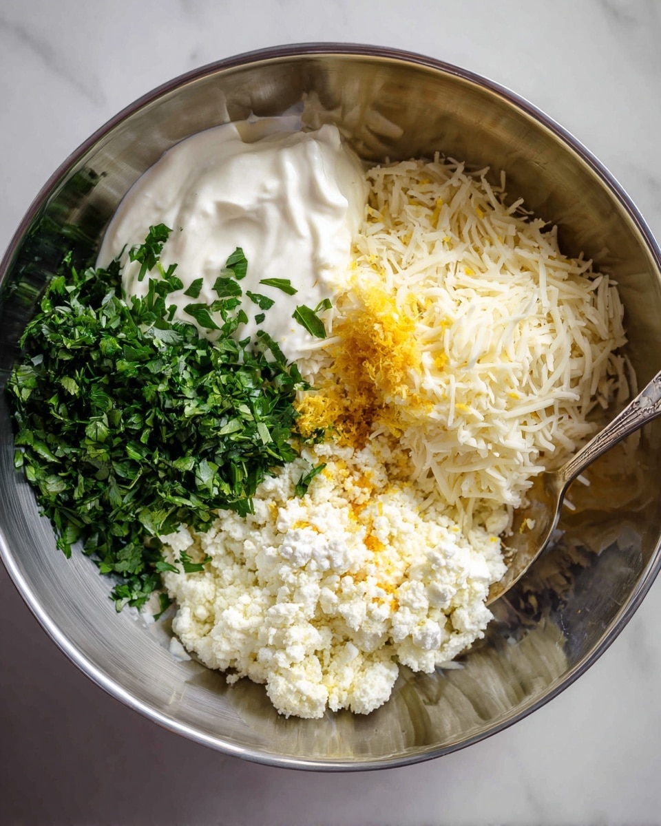 A round white plate holds three bright green zucchini halves arranged side by side. Each zucchini is hollowed out, filled evenly with a creamy white cheese mixture that has small green herb bits, and topped with a drizzle of yellow olive oil and a light sprinkling of black pepper and dried herbs. The zucchini skin is smooth and slightly shiny, contrasting with the soft, textured cheese filling. The plate is set on a white marbled surface. photo taken with an iphone --ar 4:5 --v 7