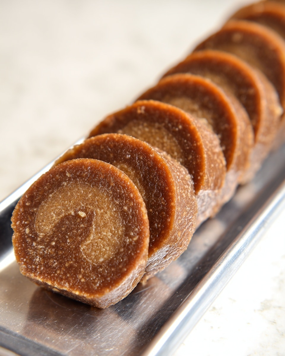 The image shows a row of round, brown rolled sweets sliced into equal pieces and lined up neatly on a shiny silver tray. Each piece has a smooth, dense texture with a slightly lighter brown swirl visible inside, resembling two layers rolled together. The edges look a bit rough, showing some graininess in the sweet. The background is a soft white marbled surface. Photo taken with an iphone --ar 4:5 --v 7