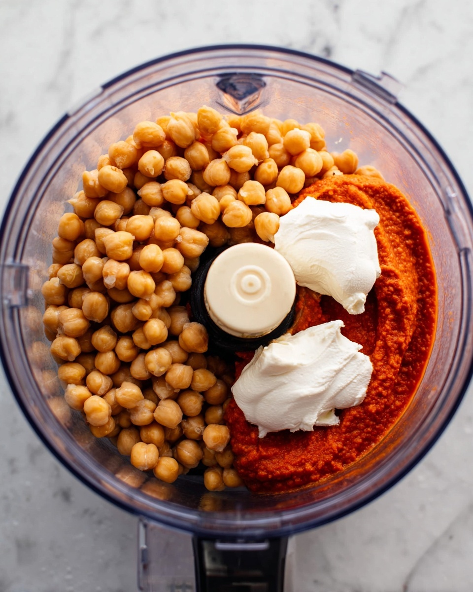 The image shows a clear food processor bowl filled with three main layers: on the left and top side, a large pile of round, light brown chickpeas; at the bottom right, a pool of bright red sauce with a smooth texture; and two dollops of thick, white cream sitting on top of the chickpeas and sauce near the center. The background is a white marbled surface. Photo taken with an iphone --ar 4:5 --v 7