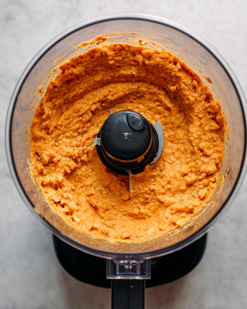 The image shows a top view of a food processor container filled with a thick, textured orange mixture that looks creamy with small lumps. The mixture covers the container walls evenly, surrounding a black blade in the center. The food processor is placed on a white marbled surface with some light from the top left. The clear container has a lid with a small opening and black base. photo taken with an iphone --ar 4:5 --v 7