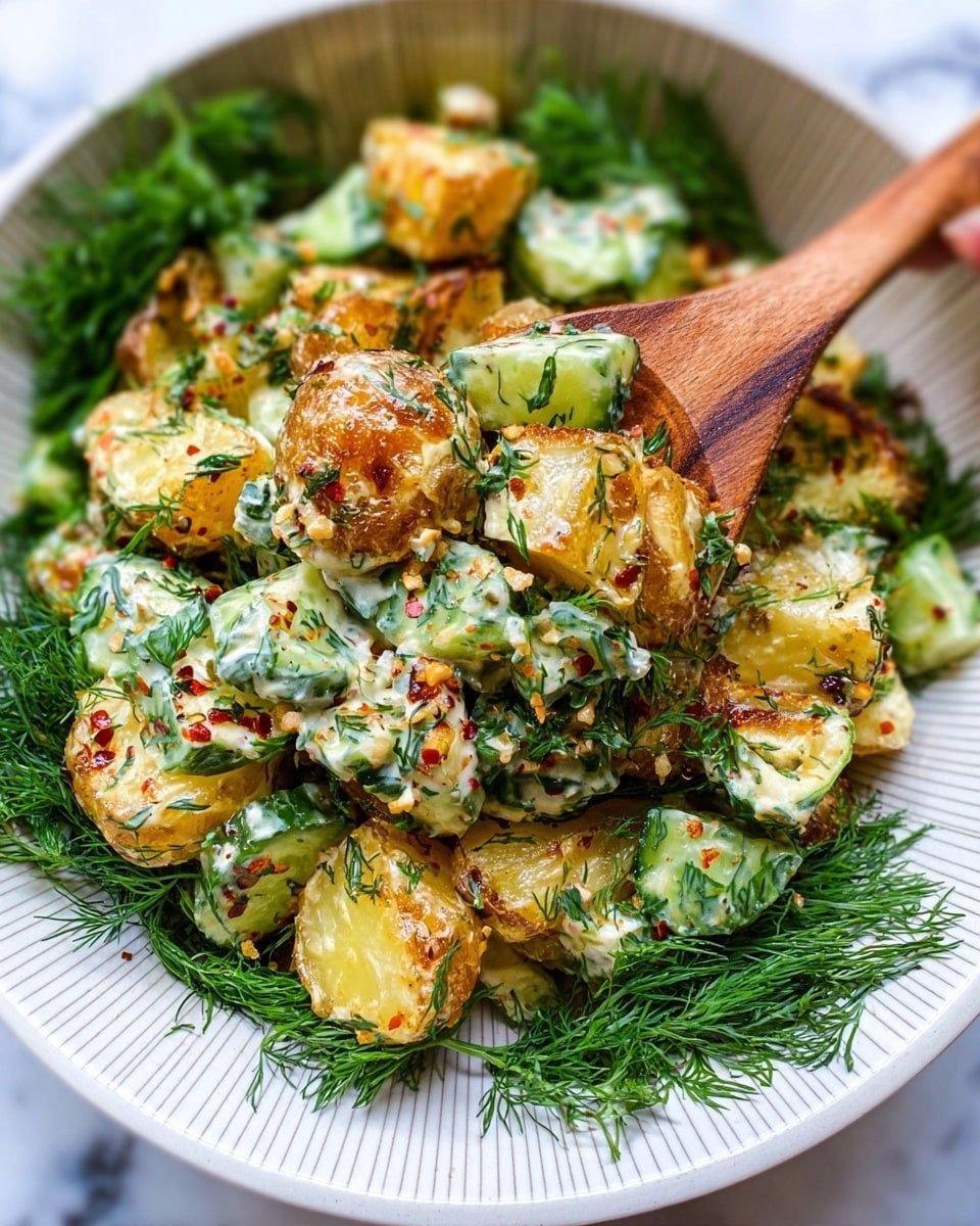 The image shows a close-up of a salad served in a white bowl with thin, vertical textured lines on the inside. The salad consists of roughly three layers: the bottom layer is golden roasted potato chunks with a slightly crispy texture, the middle layer includes bright green cucumber pieces with fresh green herbs like parsley and dill scattered throughout, and the top layer is a light creamy dressing drizzled over everything, sprinkled with red pepper flakes and bits of chopped garlic or onion. There is a large bunch of fresh dill placed around the edge of the bowl, adding a vibrant green contrast. A wooden spoon is scooping some of the salad, held by a woman’s hand. The background surface is a white marbled texture. photo taken with an iphone --ar 4:5 --v 7